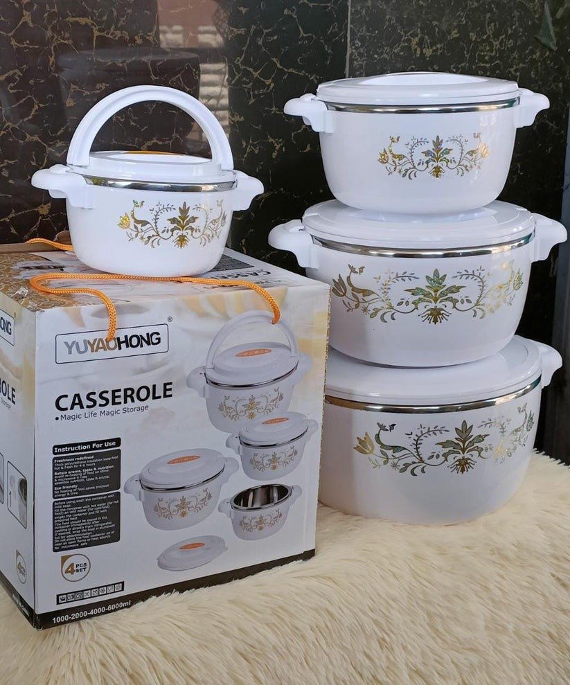 4 Piece Insulated Stainless Steel Casserole Hotpot Set | Capacity: 1L, 2L, 4L, 6L | Keep Food Hot & Fresh