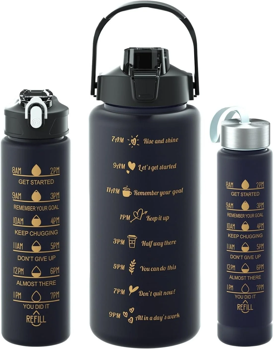 3pcs Sport Water Bottles With Time Marking Motivational Water Bottles 2L+900ml+500ml, Leak Proof Gym Drinking Bottle BPA Free Water Bottle With Straw For Women Men (Black)