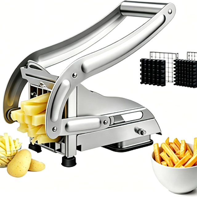 French Fry Cutter, Dishwasher Safe Stainless Steel Potato Cutter with 1/2" & 3/8" Blades, Non-Slip Suction Base, Manual Fry Cutter for Potato, Carrot, Cucumber, Great for Air Fryer & Deep Fryer